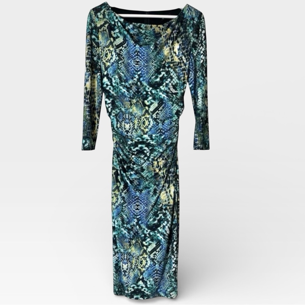 David Meister Midi Blue Snake Animal Print Cowl Neck Long Sleeve Luxury Dress 4